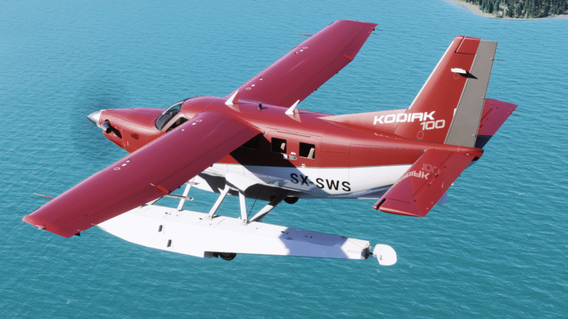 Kodiak 100 Series III Amphibian flying over water in FS2024